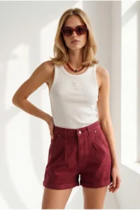 Olalook Women's Claret Red Side Pocket Fold Leg Shorts - Image 4
