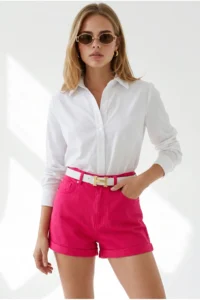 Olalook Women Fuchsia Hem folded with pocket Shorts - Image 3