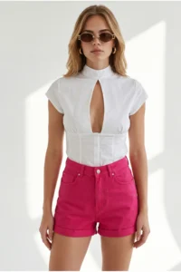 Olalook Women Fuchsia Hem folded with pocket Shorts - Image 4