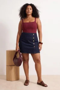 Trendyol Curve DARK BLUE High Waist Button Detailed comfort/Medium Flexible DENIM Plus Size Skirt
