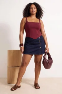 Trendyol Curve DARK BLUE High Waist Button Detailed comfort/Medium Flexible DENIM Plus Size Skirt - Image 2