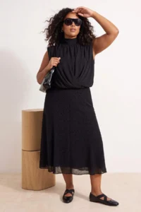 Trendyol Curve Black Puantiye Flok Patterned Knitting Plus Size Skirt