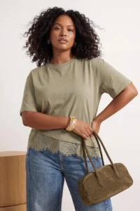 Trendyol Curve Oil Green Skirt Ucu Lace Detailed Plus Size T-Shirt