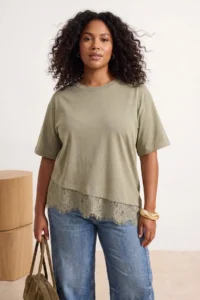 Trendyol Curve Oil Green Skirt Ucu Lace Detailed Plus Size T-Shirt - Image 2