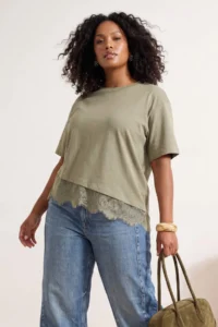 Trendyol Curve Oil Green Skirt Ucu Lace Detailed Plus Size T-Shirt - Image 3