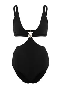 TRENDYOLMİLLA Black textured V-neck Covered Premium Yıldız with accessories Regular Swimsuit - Image 3