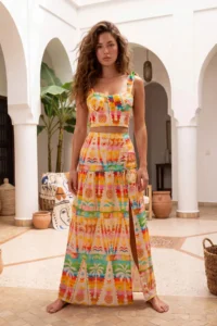TRENDYOLMİLLA Tropical Patterned Weaving Maxi 100% Cotton Beach Blouse Skirt Set - Image 2