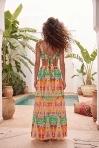 TRENDYOLMİLLA Tropical Patterned Weaving Maxi 100% Cotton Beach Blouse Skirt Set - Image 3