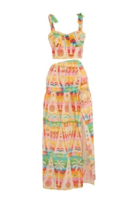 TRENDYOLMİLLA Tropical Patterned Weaving Maxi 100% Cotton Beach Blouse Skirt Set - Image 4