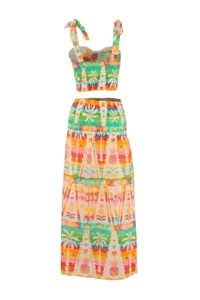 TRENDYOLMİLLA Tropical Patterned Weaving Maxi 100% Cotton Beach Blouse Skirt Set - Image 6