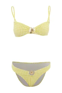 TRENDYOLMİLLA Plaid Patterned textured Strapless Covered Casting with accessories High Leg Bikini Set - Image 4