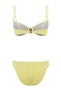 TRENDYOLMİLLA Plaid Patterned textured Strapless Covered Casting with accessories High Leg Bikini Set - Image 5