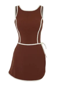 TRENDYOLMİLLA Brown Color Bloklu Piped Barbell Collar Covered 2 Sets Binding Detailed Skirt Swimsuit - Image 3