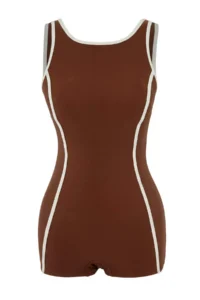 TRENDYOLMİLLA Brown Color Bloklu Piped Barbell Collar Covered 2 Sets Binding Detailed Skirt Swimsuit - Image 6