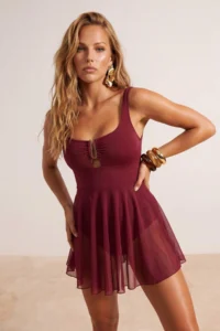 TRENDYOLMİLLA Burgundy with accessories U-Neck Covered Regular Skirt Swimsuit - Image 2