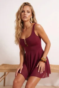 TRENDYOLMİLLA Burgundy with accessories U-Neck Covered Regular Skirt Swimsuit - Image 3