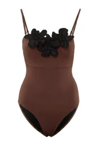 TRENDYOLMİLLA Brown Strapless Covered Floral Appliqued Regular Swimsuit - Image 4