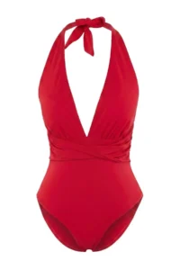 TRENDYOLMİLLA Red Deep V-neck Covered High Leg Regular Swimsuit - Image 4