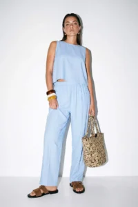 Drop by TrendyolMilla BLUE Crew Neck Sleeveless Pantolonlu Rahat Pattern Top and Bottom Set - Image 2