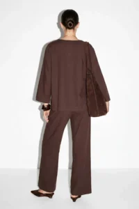 Drop by TrendyolMilla Brown V-neck with pocket Tek buttoned Top Elastic Waist with pocket Pantolonlu Set - Image 4