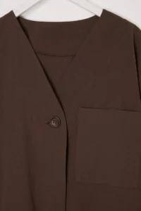 Drop by TrendyolMilla Brown V-neck with pocket Tek buttoned Top Elastic Waist with pocket Pantolonlu Set - Image 7