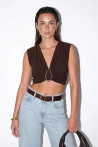 Drop by TrendyolMilla Brown Crop Front with buckle Sleeveless Waist Sitting Lycra Blouse - Image 2