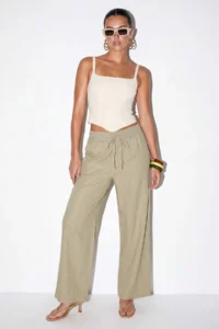 Drop by TrendyolMilla Khaki Elastic Waist Wide Leg Cotton Pants