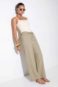 Drop by TrendyolMilla Khaki Elastic Waist Wide Leg Cotton Pants - Image 2