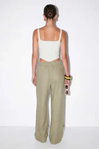 Drop by TrendyolMilla Khaki Elastic Waist Wide Leg Cotton Pants - Image 3