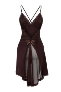 TRENDYOLMİLLA Brown slit Tulle and Lace Detailed Satin Wireless Babydoll/Lingerie Nightgown - Image 6