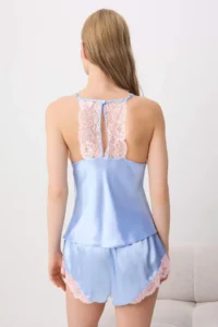 TRENDYOLMİLLA PINK-BLUE Plain Satin Weaving Pajama Set - Image 4