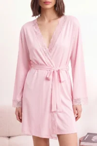 TRENDYOLMİLLA PINK Belted Lace Viscose Knitting Robe - Image 3
