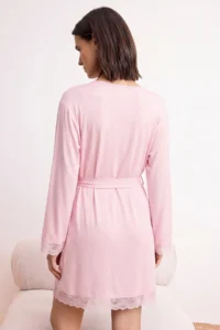 TRENDYOLMİLLA PINK Belted Lace Viscose Knitting Robe - Image 4