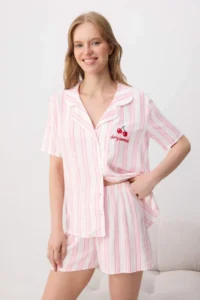 TRENDYOLMİLLA PINK Striped shally Weaving Pajama Set