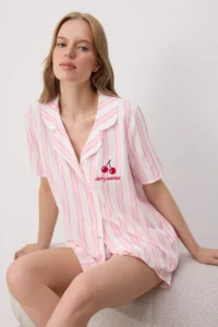 TRENDYOLMİLLA PINK Striped shally Weaving Pajama Set - Image 2