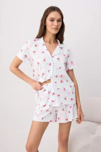 TRENDYOLMİLLA BLUE 100% Cotton Fun Cherry Patterned Knitting Pajama Set