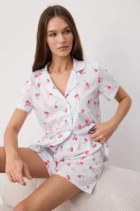 TRENDYOLMİLLA BLUE 100% Cotton Fun Cherry Patterned Knitting Pajama Set - Image 2