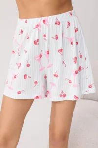 TRENDYOLMİLLA BLUE 100% Cotton Fun Cherry Patterned Knitting Pajama Set - Image 3