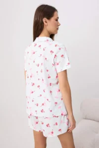 TRENDYOLMİLLA BLUE 100% Cotton Fun Cherry Patterned Knitting Pajama Set - Image 4