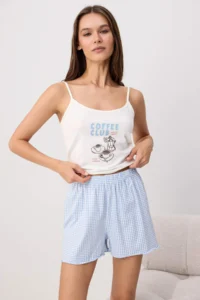 TRENDYOLMİLLA Teen WHITE-BLUE Cotton Soft Handle Brown Printed and Checkered Knitting Pajama Set