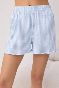 TRENDYOLMİLLA Teen WHITE-BLUE Cotton Soft Handle Brown Printed and Checkered Knitting Pajama Set - Image 3