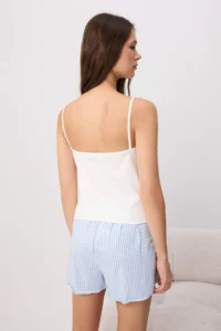 TRENDYOLMİLLA Teen WHITE-BLUE Cotton Soft Handle Brown Printed and Checkered Knitting Pajama Set - Image 4
