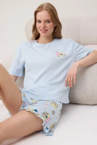 TRENDYOLMİLLA BLUE 100% Cotton Kedi Printed Frilly Knitting Pajama Set