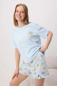 TRENDYOLMİLLA BLUE 100% Cotton Kedi Printed Frilly Knitting Pajama Set - Image 2