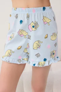 TRENDYOLMİLLA BLUE 100% Cotton Kedi Printed Frilly Knitting Pajama Set - Image 3