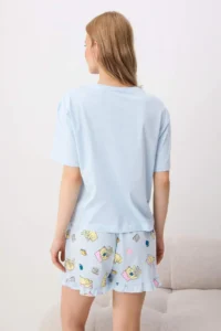 TRENDYOLMİLLA BLUE 100% Cotton Kedi Printed Frilly Knitting Pajama Set - Image 4