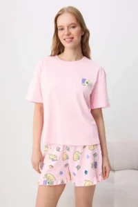 TRENDYOLMİLLA PINK 100% Cotton Kedi Printed Frilly Knitting Pajama Set