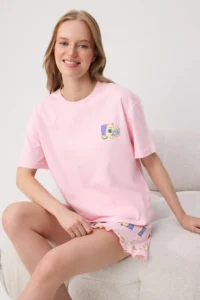TRENDYOLMİLLA PINK 100% Cotton Kedi Printed Frilly Knitting Pajama Set - Image 2