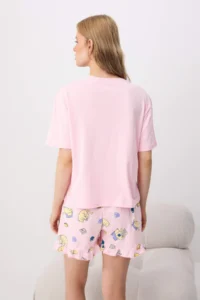 TRENDYOLMİLLA PINK 100% Cotton Kedi Printed Frilly Knitting Pajama Set - Image 4
