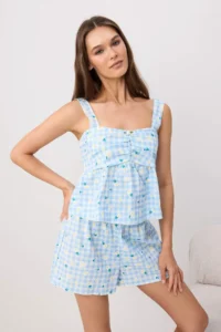 TRENDYOLMİLLA BLUE Floral seersucker Weaving Pajama Set - Image 2